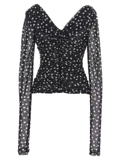 Dolce & Gabbana Ruched Wrap-effect Printed Polka-dot Tulle Blouse In White/black
