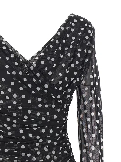 Dolce & Gabbana Ruched Wrap-effect Printed Polka-dot Tulle Blouse In White/black