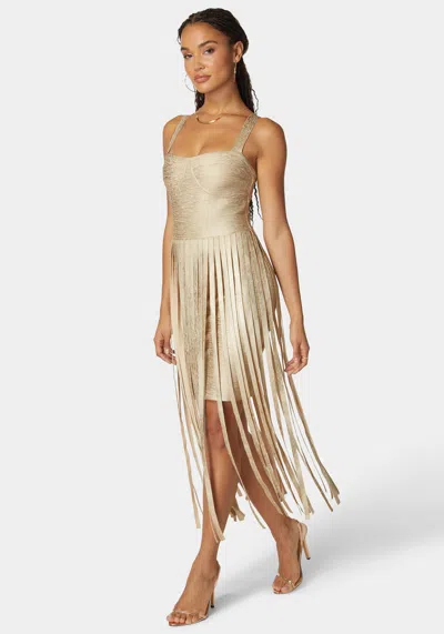 Bebe Sweetheart Bandage Top With Fringe Maxi Skirt Dress In Champagne