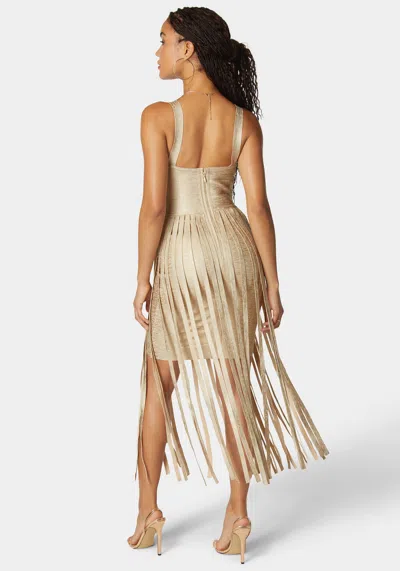 Bebe Sweetheart Bandage Top With Fringe Maxi Skirt Dress In Champagne