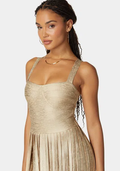Bebe Sweetheart Bandage Top With Fringe Maxi Skirt Dress In Champagne
