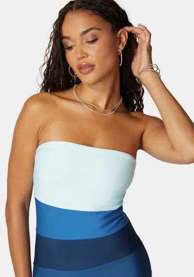 Bebe Strapless Colorblock Bandage Midi In Bluemulti