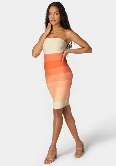 Bebe Strapless Colorblock Bandage Midi In Peachmul