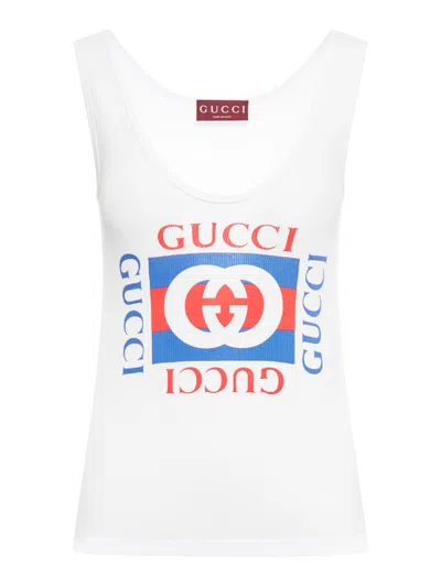 Shop Gucci Ribbed Cotton Tank Top With  Print In White