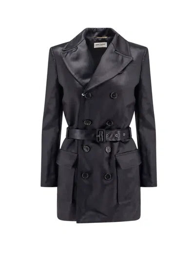 Shop Saint Laurent Biologic Cotton Trench With Shoulder Pads