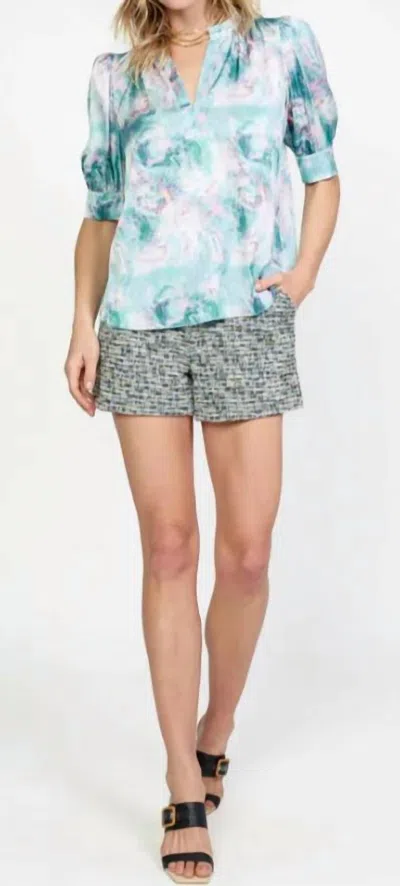 Current Air Abstract Printed Shirt Sleeve Ruffled Split Neck Blouse In Ocean Mulit In Multi