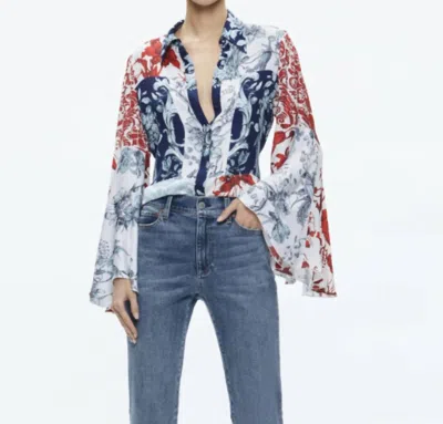 Alice And Olivia Alice + Olivia Willa Mixed Floral Bell Sleeve Satin Top In Multi