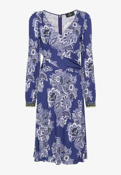 Etro Floral-print Multicolored Midi Dress In Blue