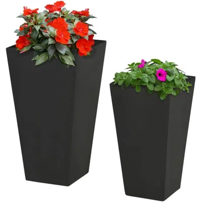 Quikfurn Set Of 2 Modern Lightweight Black Outdoor Patio Flower Pot Tall Planter Box