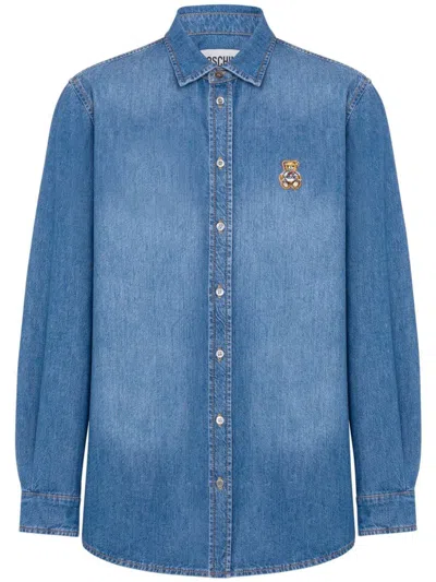 Shop Moschino Denim Shirt With Teddy Bear Application In Blue