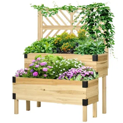 Quikfurn 2 Tier Self Draining Wood Raised Garden Bed Planter Box With Trellis
