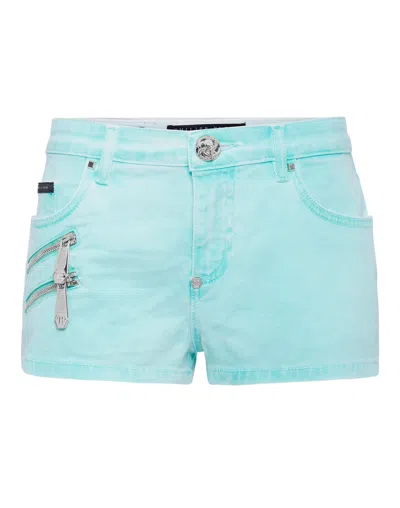 Philipp Plein Denim Hot Pants Biker Shorts In Blue
