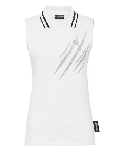 Plein Sport Scratch-print Sleeveless Polo Shirt In White