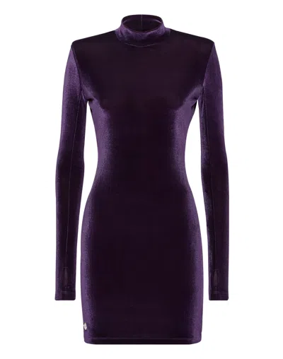 Philipp Plein Fitted Velour Mini Dress In Purple