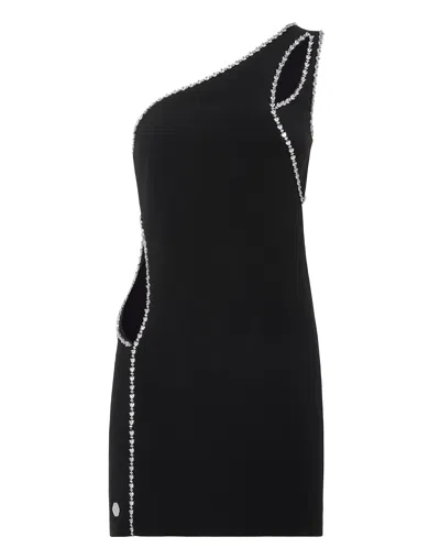 Philipp Plein Crystal Embellished Asymmetrical Mini Dress In Black