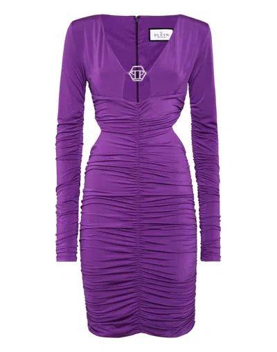 Philipp Plein Logo-plaque Ruched Midi Dress In Purple