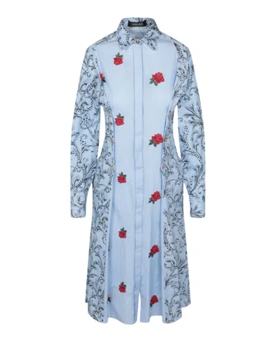 Versace Long Sleeve Collared Dress Woman Midi Dress Blue Size 10 Cotton In Blue