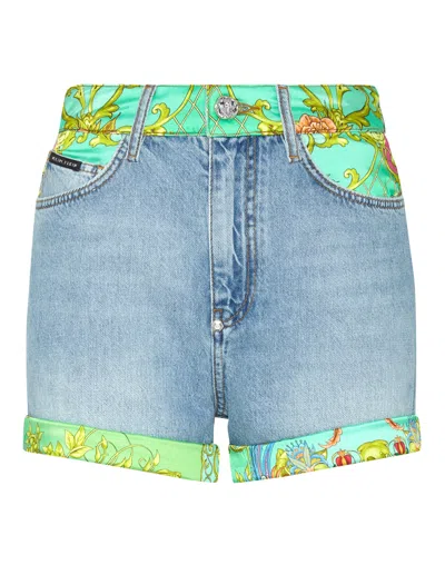 Philipp Plein New Baroque-print Panelled Denim Shorts In Multi