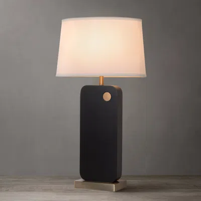 NOVA OF CALIFORNIA LAUREL TABLE LAMP - EBONY WOOD FINISH, WEATHERED BRASS, WHITE LINEN SHADE 
