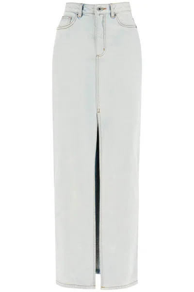 Self-portrait Bleached Effect Denim Maxi Skirt With Frontal Split In Celeste