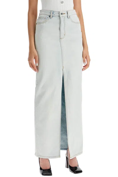 Self-portrait Bleached Effect Denim Maxi Skirt With Frontal Split In Celeste