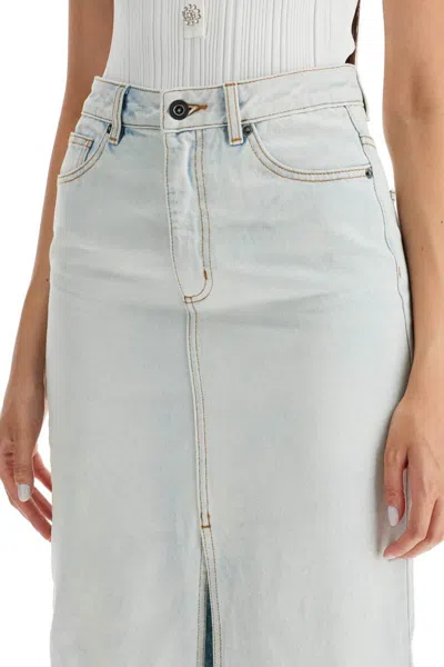Self-portrait Bleached Effect Denim Maxi Skirt With Frontal Split In Celeste