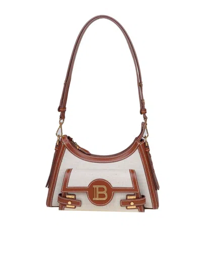 Shop Balmain Shoulder Bag In Canvas And Leather In Beige