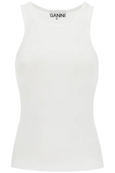 Shop Ganni Ribbed Tank Top With Spaghetti In White