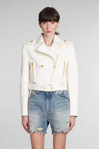 Shop Balmain Biker Jacket In Beige