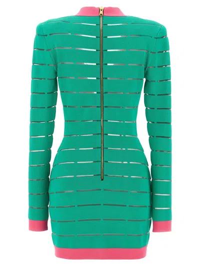 Balmain Two-tone Knit Dress Featuring Button Detailing In Green