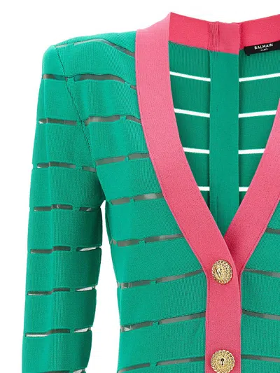 Balmain Two-tone Knit Dress Featuring Button Detailing In Green