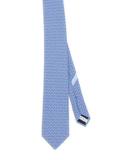 Shop Ferragamo Salvatore  Tie With Gancini Print In Azure