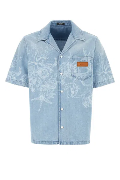 Versace Light Blue Barocco Shirt With Barocco Sea Print
