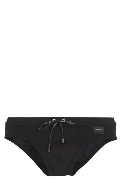 Dolce & Gabbana Black Swim Brief With Metallic Dg Logo In Stretch Polyamide Man In Black