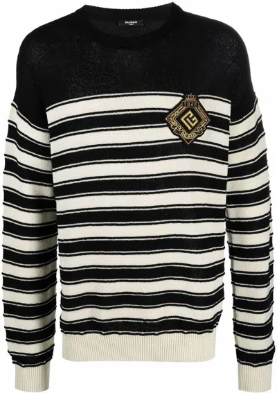 Balmain Striped Knit Wool Blend Sweater W/ Badge In Black,natural