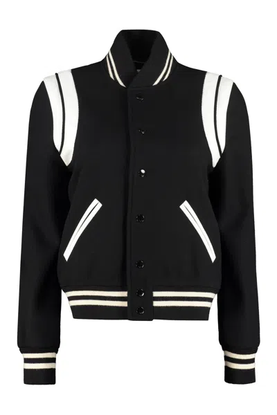 Saint Laurent Teddy Leather-trimmed Recycled Wool-blend Bomber Jacket In Black