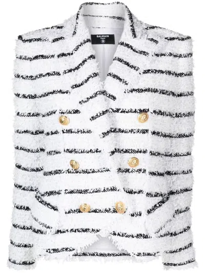 Balmain Cotton Blend Tweed Striped Button Blazer In Blanc,noir