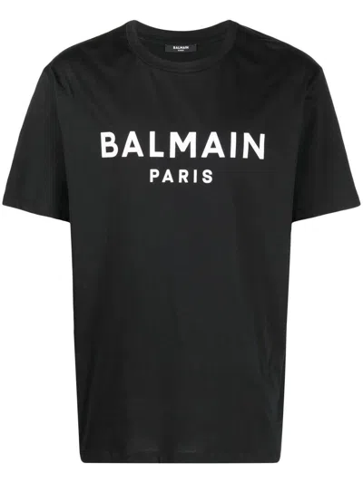 Balmain Black Crewneck T-shirt With Logo Lettering On The Front In Cotton Man In Noir,blanc