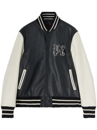 Palm Angels Monogram-print Leather Varsity Jacket In Offwh