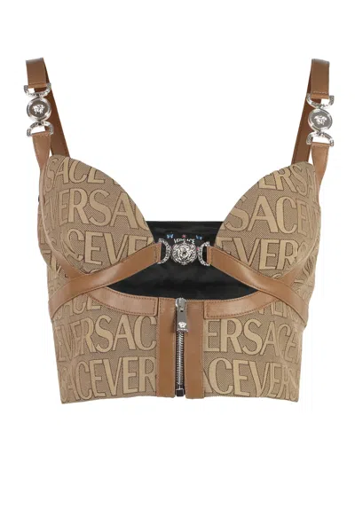 Versace Garden Monogram Patterned Crop Top With Clip Closure In Beige