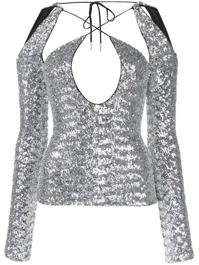 Attico Zane Sequin Cutout Long-sleeve Halter Top In Silver
