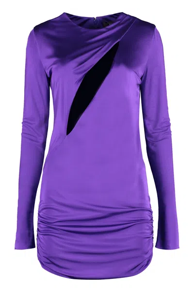 Versace Slash Ruched Long Sleeve Jersey Minidress In Purple