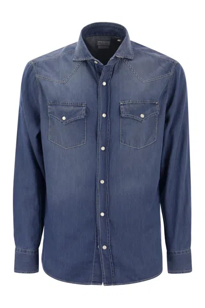 Brunello Cucinelli Men Easy Fit Shirt In Light Denim With Press Studs In Dark Denim