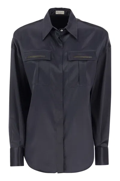 Brunello Cucinelli Women's Stretch Silk Satin Shirt With Shiny Pockets In Blue