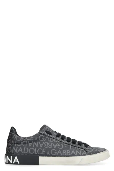 Dolce & Gabbana Leather And Fabric Low-top Sneakers With All-over Motif In Black
