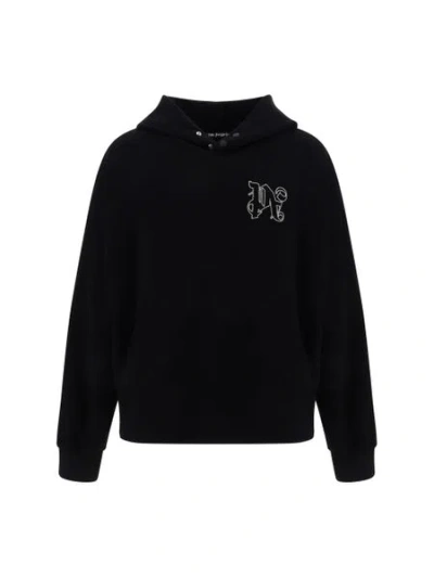 Palm Angels Stylish Black Embroidered Cotton Hoodie For Men In Blackblack