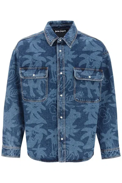 Palm Angels Printed Denim Oversize Shirt In Blue