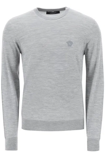 Shop Versace Men's Pullover With Medusa Embroidery Sweater In Grey