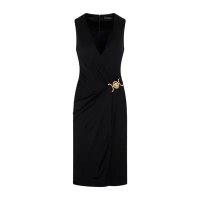 Versace Box-pleat Sleeveless Midi Dress In Black