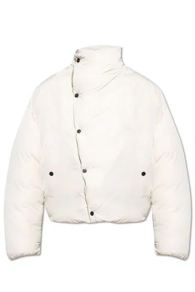 Jacquemus Asymmetric Buttoned Highneck Puffer Jacket In Offwhite